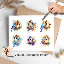 Six watercolor images of birds and birdhouses. Bird with Bird House 1, Vellum Decoupage Paper
