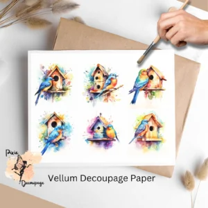 Six watercolor images of birds and birdhouses. Bird with Bird House 1, Vellum Decoupage Paper