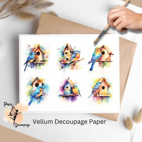 Six watercolor images of birds and birdhouses. Bird with Bird House 1, Vellum Decoupage Paper