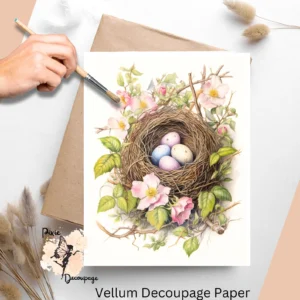 Image of a birds nest with eggs and flowers. Birdsnest 2, Vellum Decoupage Paper