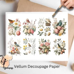 Eight images featuring birds, bird nests and eggs. Easter Scenes Collage 2, Vellum Decoupage Paper