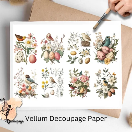 Eight images featuring birds, bird nests and eggs. Easter Scenes Collage 2, Vellum Decoupage Paper