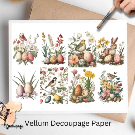 Eight images, bunnies, birds and eggs. Easter Scenes Collage 3, Vellum Decoupage Paper