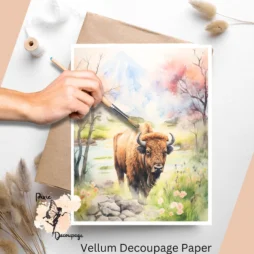 Image of a bison in a field. Bison in Spring 2, Vellum Decoupage Paper