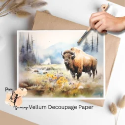 Image of a bison in a flowery field. Bison in Spring 5, Vellum Decoupage Paper