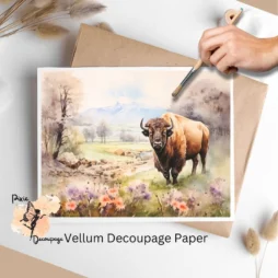 Image of a bison in a flower field. Bison in Spring 7, Vellum Decoupage Paper