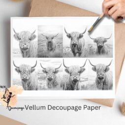 Eight images of highland cows in black and white. Black and White Highland Cow Collage 1, Vellum Decoupage Pape