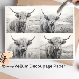 Four highland cow images in black and white. Black and White Highland Cow Collage 3, Vellum Decoupage Paper