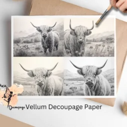 Four images of highland cows in black and white. Black and White Highland Cow Collage 4, Vellum Decoupage Paper