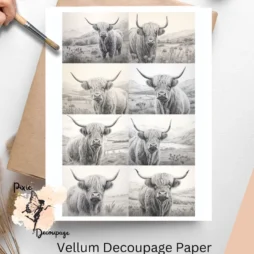 Eight images of highland cows in black and white. Black and White Highland Cow Collage 2, Vellum Decoupage Paper