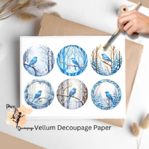 Blue Bird in Snowy Forest Collage 2, Vellum Decoupage Paper