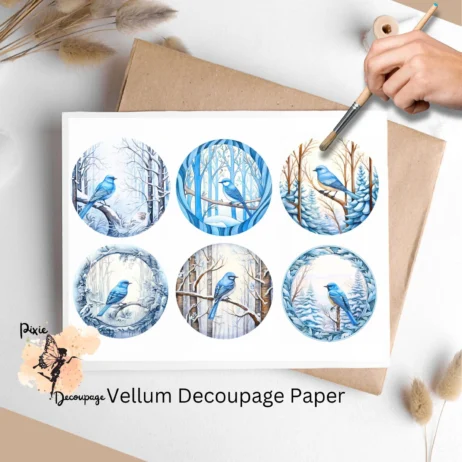 Blue Bird in Snowy Forest Collage 2, Vellum Decoupage Paper