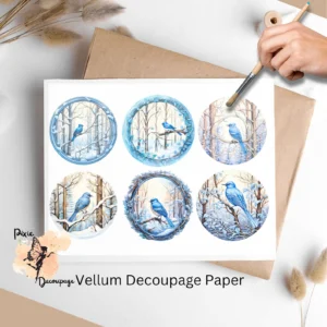 Six images of blue birds. Blue Bird in Snowy Forest Collage 1, Vellum Decoupage Paper