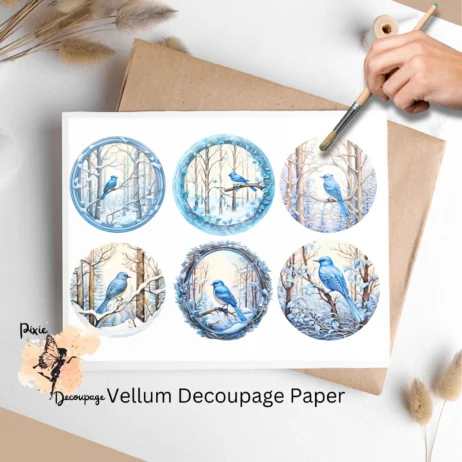 Six images of blue birds. Blue Bird in Snowy Forest Collage 1, Vellum Decoupage Paper