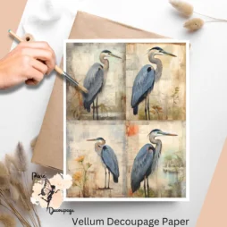 Four images of blue herons. Blue Heron Altered Art Collage 1, Vellum Decoupage Paper