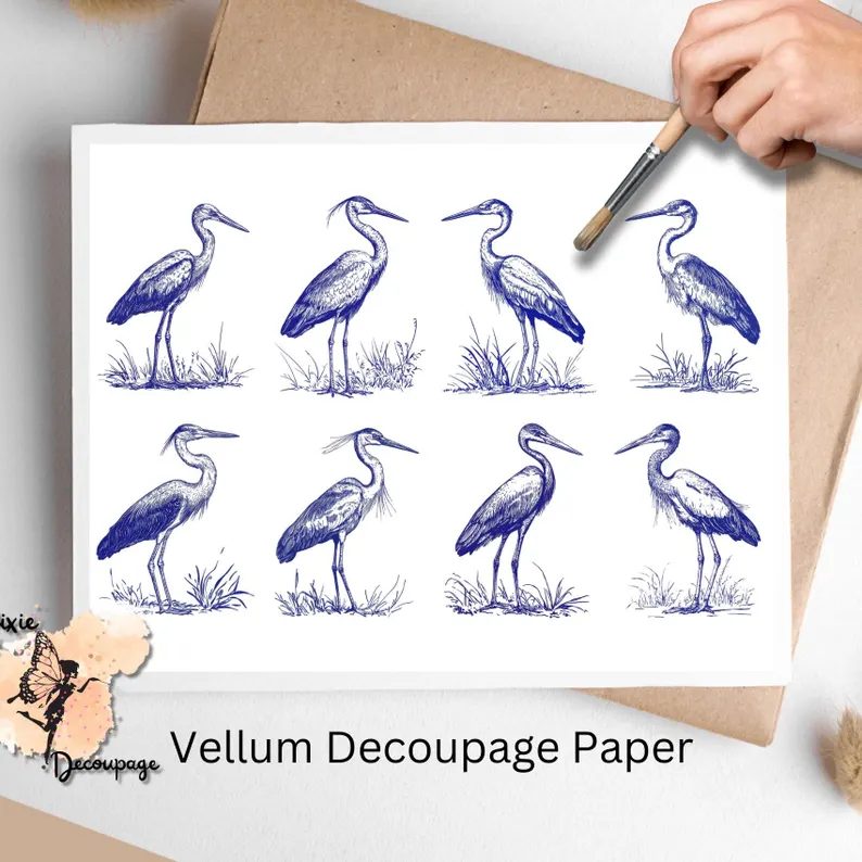 Eight images of herons. Blue Ink Heron Collage 1, Vellum Decoupage Paper
