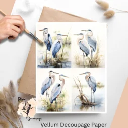 Four images of herons. Blue Herons Collage 2, Vellum Decoupage Paper