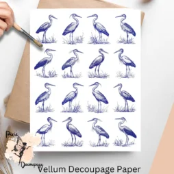 Sixteen images of herons. Blue Ink Heron Collage 2, Vellum Decoupage Paper