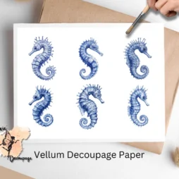 Six images of blue seahorses. Blue Seahorse Collage 1, Vellum Decoupage Paper