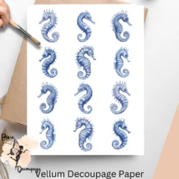 Twelve images of seahorses in blue. Blue Seahorse Collage 2, Vellum Decoupage Paper