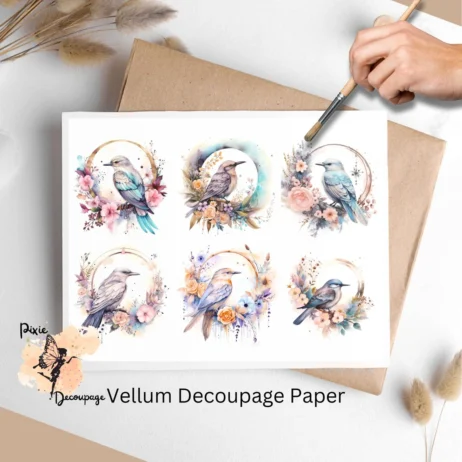 Six watercolor images of birds. Boho Bird Collage 1, Vellum Decoupage Paper