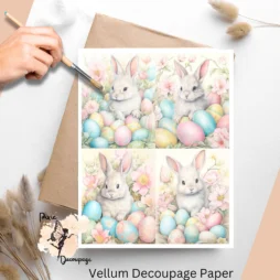 Set of 4 images of a bunny surrounded by colorful Easter eggs.