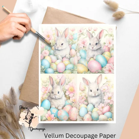 Set of 4 images of a bunny surrounded by colorful Easter eggs.