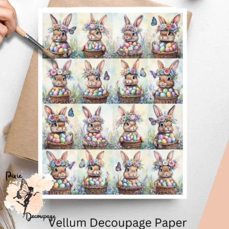 Sixteen images of bunnies in baskets, Easter Bunny with Egg Basket Collage 2, Vellum Decoupage Paper