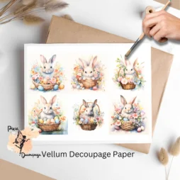 Six images of bunnies in baskets. Bunny in Easter Basket Collage 1, Vellum Decoupage