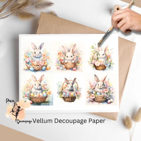 Six images of bunnies in baskets. Bunny in Easter Basket Collage 1, Vellum Decoupage