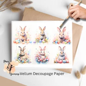 Six images of bunnies and eggs. Easter Bunny in Paint Splashes Collage 1, Vellum Decoupage Paper