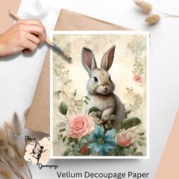 Image of a bunny with flowers set against a vintage background.