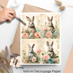 Four images of bunnies and flowers. Vintage Bunny in Flowers Collage 1, Vellum Decoupage Paper