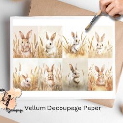 Cute bunnies in field of wheat. Bunny in Wheat Field Collage 1, Vellum Decoupage Paper