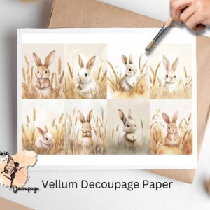 Cute bunnies in field of wheat. Bunny in Wheat Field Collage 1, Vellum Decoupage Paper