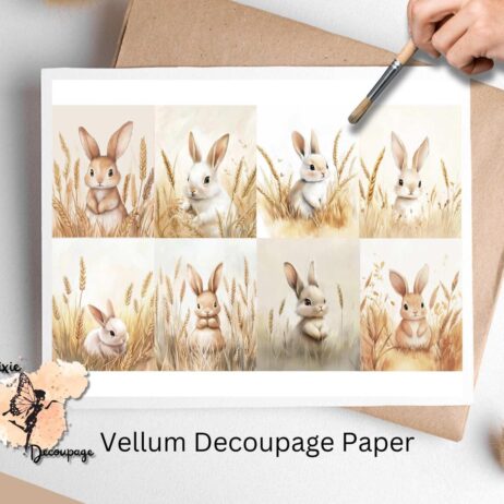 Cute bunnies in field of wheat. Bunny in Wheat Field Collage 1, Vellum Decoupage Paper