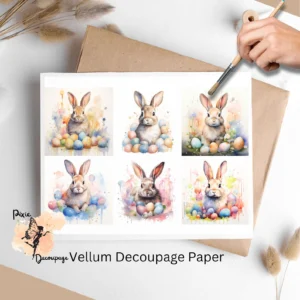 Six images of bunnies in splashes of paint. Easter Bunny in Paint Splashes Collage 2, Vellum Decoupage Paper