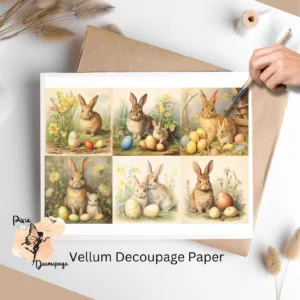 Six images of bunnies with Easter eggs on a vintage inspired background.