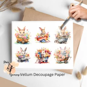 Six images of bunnies in wheelbarrows with flowers. Bunny in Wheelbarrow Collage 1, Vellum Decoupage Paper