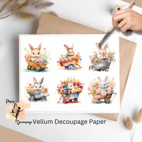 Six images of bunnies in wheelbarrows with flowers. Bunny in Wheelbarrow Collage 1, Vellum Decoupage Paper
