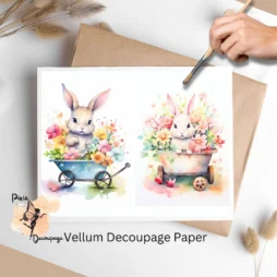 Two images of bunnies in wheelbarrows with flowers. Bunny in Wheelbarrow Collage 3, Vellum Decoupage Paper
