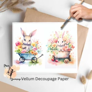 Two images of bunnies in wheelbarrows with flowers. Bunny in Wheelbarrow Collage 3, Vellum Decoupage Paper