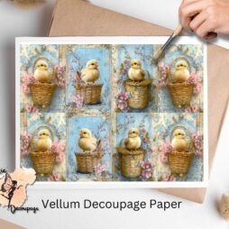 Eight images of chicks in baskets. Shabby Chic Chicks Collage 1, Vellum Decoupage Paper