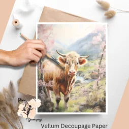 Image of a cow in a field. Cow in Spring 5, Vellum Decoupage Paper