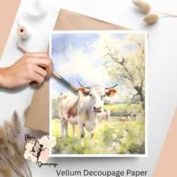 Image of a cow on a field. Cow in Spring 7, Vellum Decoupage Paper