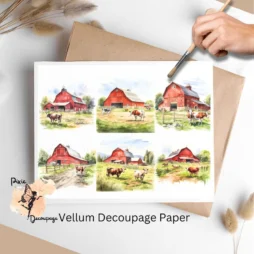 Six images of a red barn with cows pasturing by it. Red Barn with Cows Collage 1, Vellum Decoupage Paper