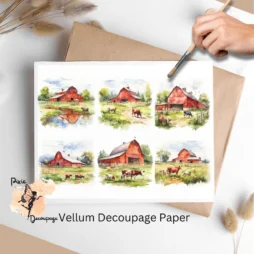 Six images of a red barn with cows pasturing by it. Red Barn with Cows Collage 2, Vellum Decoupage Paper