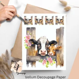 Image of 2 cows looking thru a barn door. Cows Peeking Out Barn Door 2, Vellum Decoupage Paper