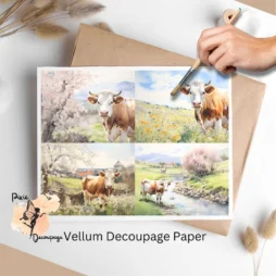 Four images of cows in a field. Cow in Spring Collage 1, Vellum Decoupage Paper