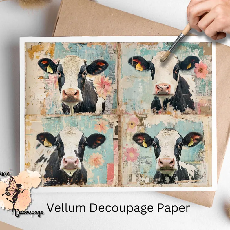 Four images of cows. Cows Ephemera Collage 4, Vellum Decoupage Paper